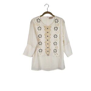 Rungolee Eyelet Lace Front Top Ivory 3/4 Sleeve Blouse Womens Size Small